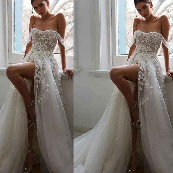 Boho Wedding Dresses with Slit Beaded Lace Applique Off Shoulder Bridal Gown Pearls Pleat A Line Wedding Gowns