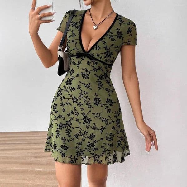 Casual Dresses Summer Dress Green Floral Deep V-neck Bow Commuting Fashion Short Skirt For Women
