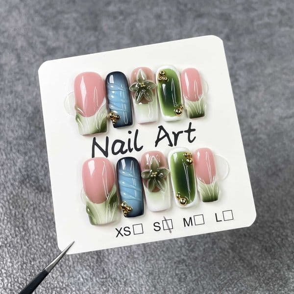 10Pcs 3D Green Flower Handmade Press on Nails French Fake Nails Wearable Stick-on Nails False Nail Uas Z260511