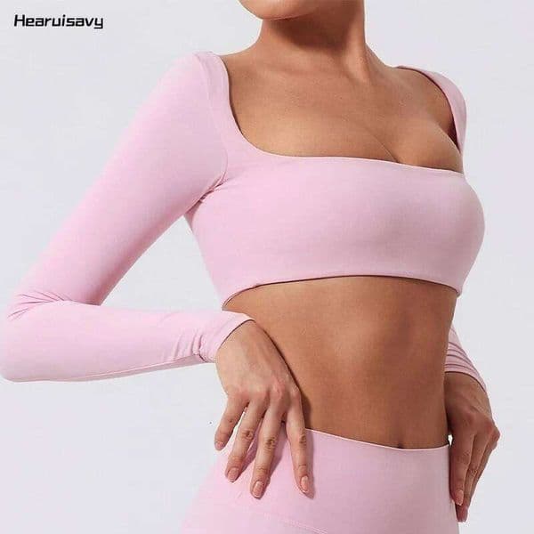 Hearuisavy Summer Quick Dry Square Neck Activewear Women Gym Fitness Sports Crop Top Female Casual Long Sleeve Yoga Clothes 26Y0513