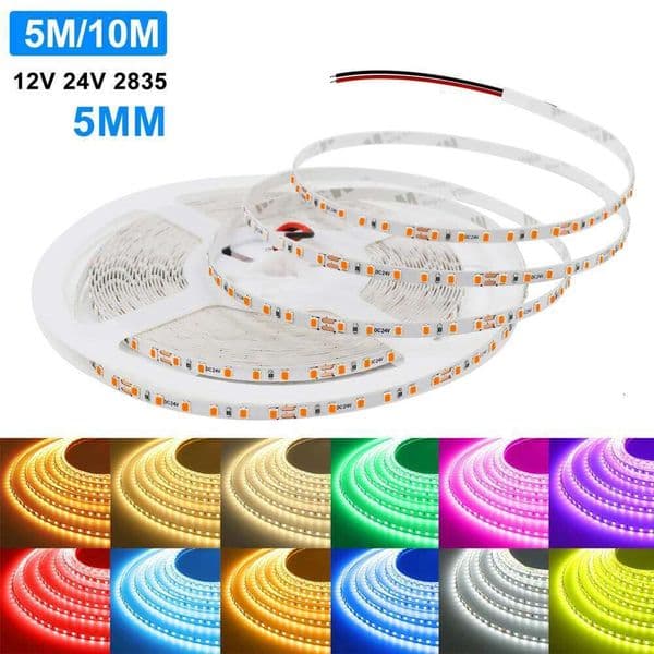 5M 10M LED 2835 DC12V 24V 120LEDs/m 5mm Width Home Lamp Strip Ice Blue Green Yellow Pink Red Orange Flexible Ribbon Light S260512