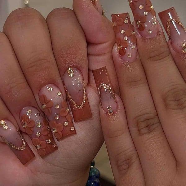 24pcs French Fake Nails Gradient Brown Long Square False Nail with Flower Rhinestone Design Press on Nails Tips Glitter Manicure Z260511