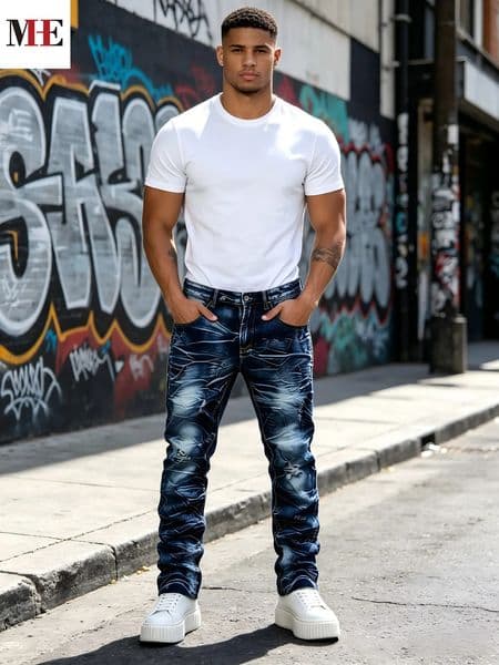 HME Mens Dark Blue Denim Pants Slim Straight Jeans with Wrinkle Wash Whisker Rip Details 260512