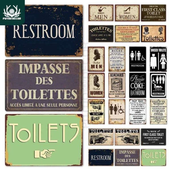 Putuo Decor Toilet Sign Plaque Metal Vintage Bathroom Retro Tin Signs Wall Art Plate for Home Restroom House Iron Painting 26L0513