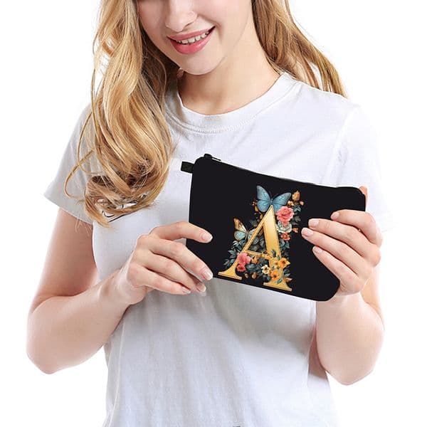 26 Letters Black Floral & Butterfly Initial Cosmetic Bag - Gold Letter Monogram Makeup Pouch, Polyester Zippered Travel Toiletry Organizer for Women