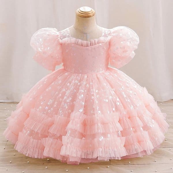 Fluffy Butterfly Sequins Baby Girl Dress Mesh Prom Kids Clothing Toddler 1st Birthday Baptism Gown Flower Bridesmaid Party Dress 260512