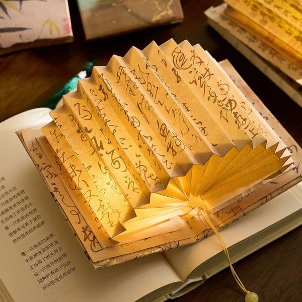 Chinese Fan Shaped Book Lamp Glass Bead Ancient Style Art Calligraphy Paintings DIY Handmade Desktop Decoration 260512