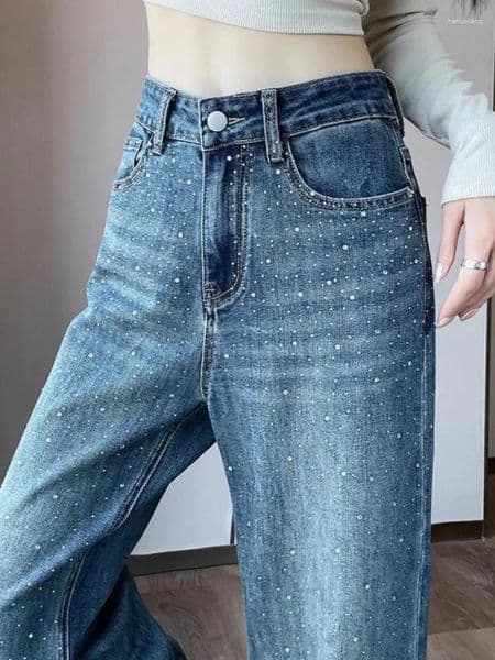 Women's Jeans Fashion Y2k Drilling High Waist Wide Leg Pants Spring Street Casual Plus Size Loose Denim Straight Legs Trousers Women