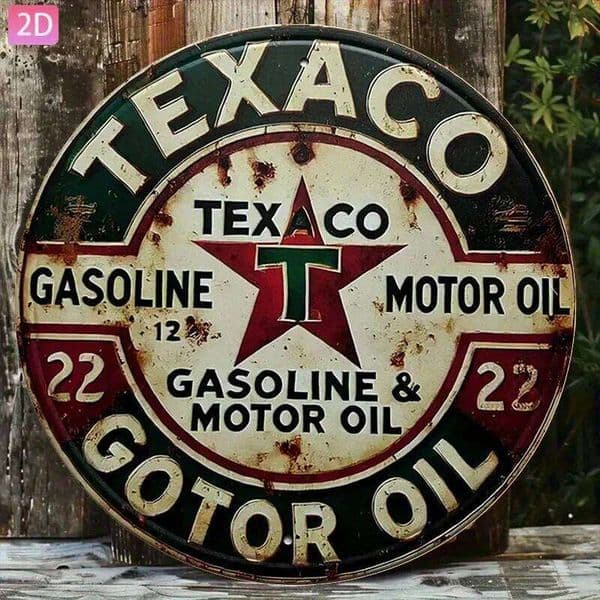 Vintage Texaco Motor Oil Metal Sign in 2D Flat Design - 20.32X30.48 Cm Round Aluminum Wall Art with a Classic Red And 26L0513