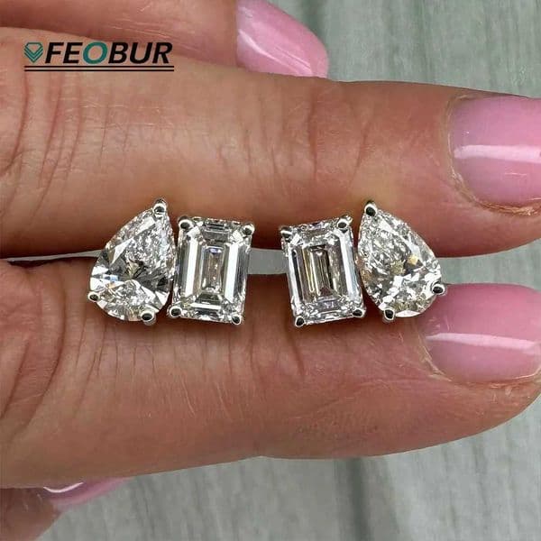 FEOBUR 4cttw Two Stone Moissanite Stud Earrings 925 Sterling Silver Pear Emerald Cut 2-Diamond Ear Studs Women Wedding Jewelry Q260512