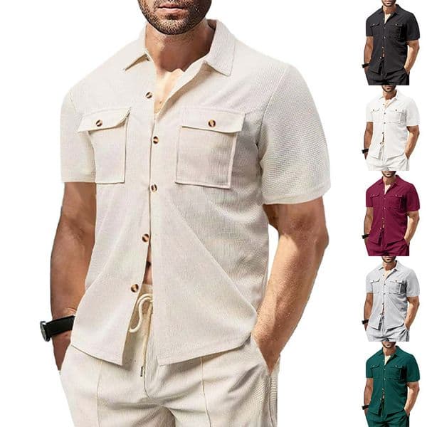 Summer European And Designer Hoodie American Men's Waffle Short Sleeve Casual Designer T-shirt Solid Color Turn-down Collar Button Pocket Polo Work Shirt