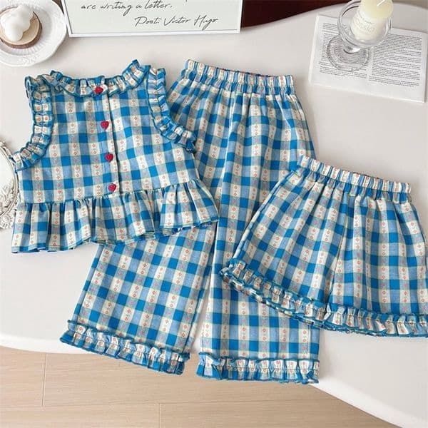 Childrens Clothing Sets Blue Plaid Floral Print Sleeveless Top Wide Leg Pants Shorts 3 Pcs Sets Kids Clothes for Girls i260512