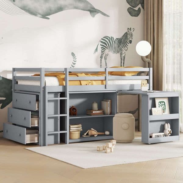 Twin ,Drawer Cabinet, Shelf Cabinet and Pulling -Out Desk,Rubber Wood Loft Bed with Safety Guardrail ,Ladder,Grey