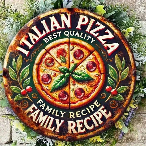 1pc 8x8" Round Vintage Italian Pizza Family Recipe Metal Sign - Retro Aluminum Wall Art, English Text, Decor for Home Bar Cafe 26Y0513