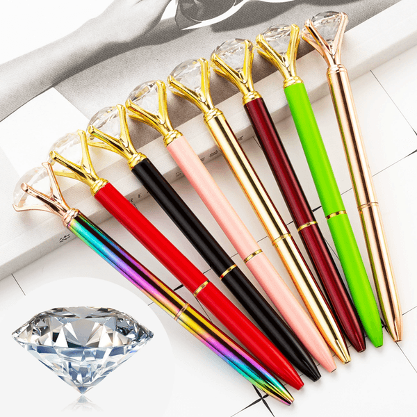 Big Carat Diamond Crystal BallPen Gem Ballpoint Pen Ring Wedding Office Metal Ring Roller Ball Pen Fashion School Office Supplies Writing