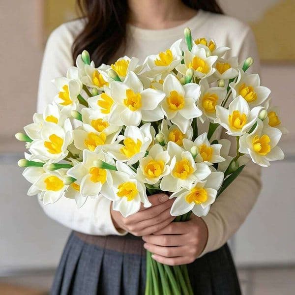 6PCS Artificial Narcissus Flowers 45cm Fake Daffodil Bouquet Yellow White Home Wedding Party Decoration Desktop floral Decor W260513