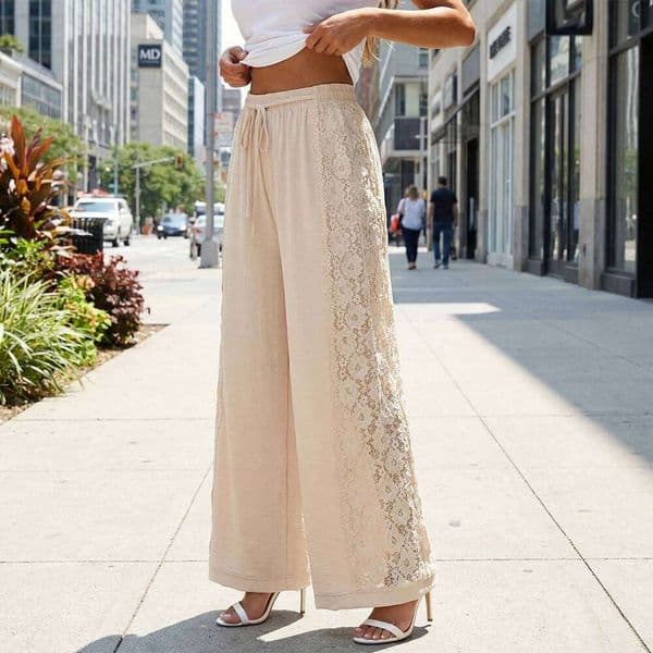 Womens Wide Leg Pants Casual Stylish Solid Color Lace Patchwork Side Drawstring Mid Rise Loose Fit Trousers Summer Fall
