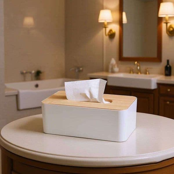 1pc Luxurious Bamboo Rectangular Tissue Box Cover - Waterproof, Elegant Holder For Disposable Paper Facial Tissues 26W0513