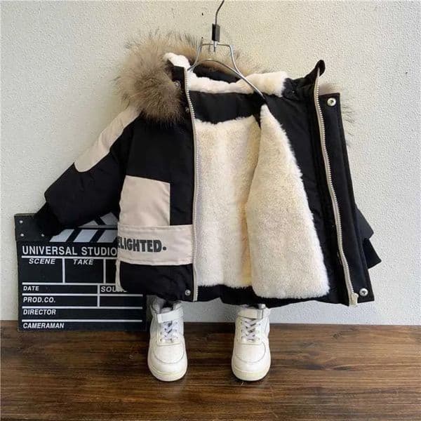 Designer 2026 Winter Boys Coat New Baby Fur Collar Hooded Cotton Plus Velvet Thicken Warm Jacket baby For Children Parka Baby 2-8Years Kids Clothes Free Shipp