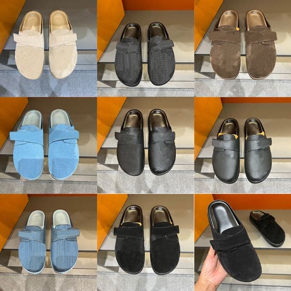 2026 Designer Men Mules Luxury Slippers Velcro Strap Suede Leather Slides Casual Sandal Outdoor Fashion Daily Footwears 1088