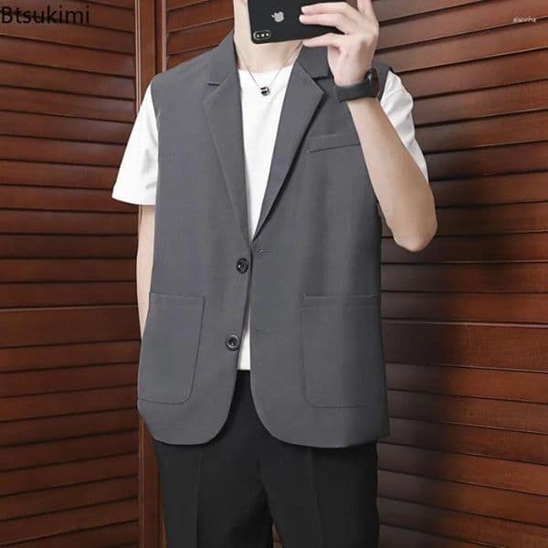 Men's Tank Tops Summer Sleeveless Vest Coats Solid Color Casual Suit Business Waistcoat With Side Pockets Sleek Male Lapel Vests