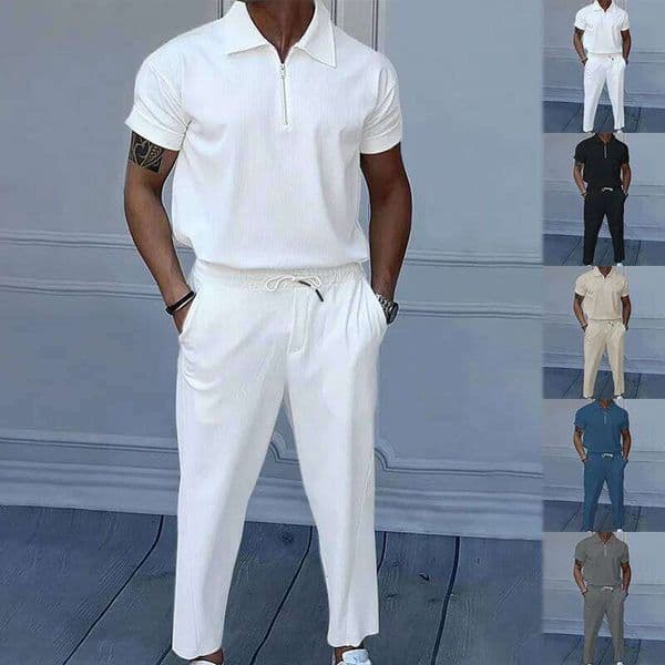 Summer new European and American men's solid color lapel short sleeve zipper trouser suit 26L0513