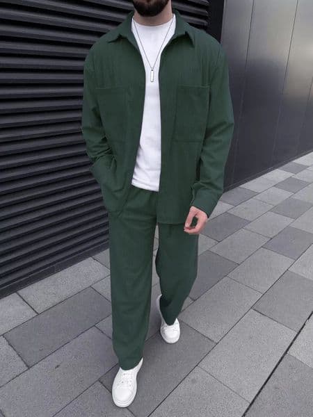 Mens corduroy twopiece outfit longsleeved buttondown shirt and wideleg trousers set fashionable casual street sportswear 260512