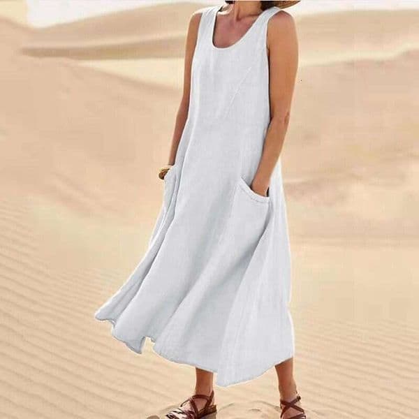 Amazon Wish European and American style pocket sleeveless round-neck women's cotton-linen A-line long dress