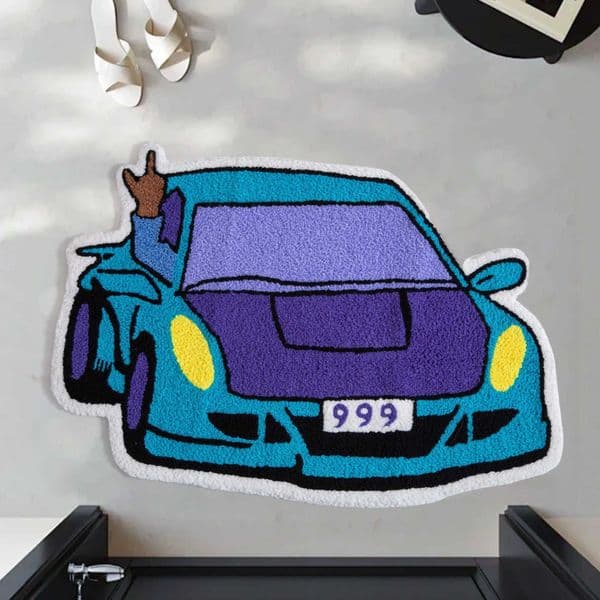 Vibrant Purple Blue Sports Car Tufted Rug Cool 999 License Plate Cartoon Racing Car Shaped Floor Mat Boys Bedroom Game Room T260512