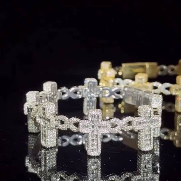 Pass Diamond Tester Hiphop Iced Out Baguette 12mm Cross Bracelet 925 Sterling Silver Cuban Bracelet