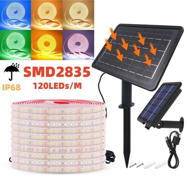 10M Outdoor Solar LED Light Strip IP68 Waterproof SMD 2835 120LEDs/m Flexible Ribbon Diode With Self-Adhensive Tape White Warm S260512