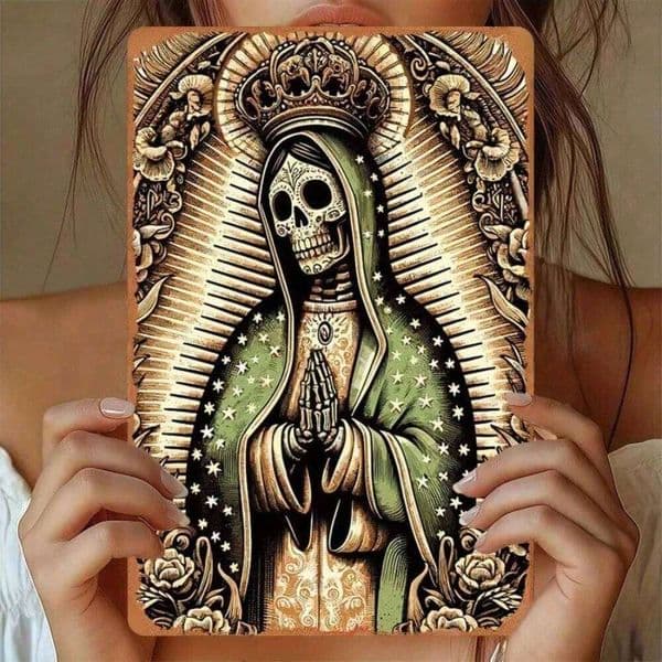 Santa Muerte Metal Sign 8x12 Inches Vintage Wall Art Decor for Home Office Gothic Humorous Iron Gift 26Y0513