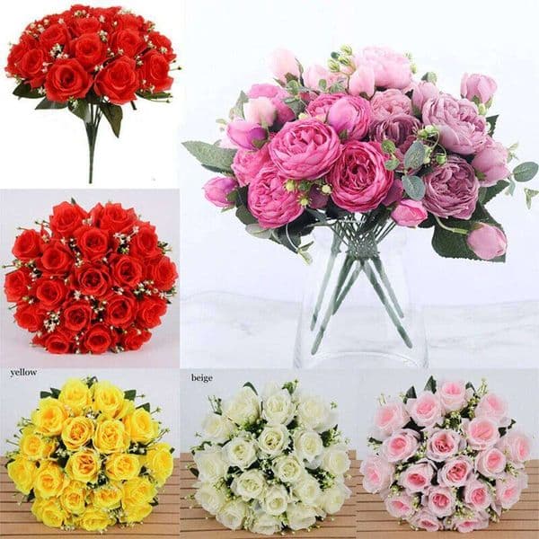 18 Heads Silk Artificial Flowers Fake Bouquet Home Party Table Decoration Yellow Red Pink Rose Bride Wedding Flower W260513