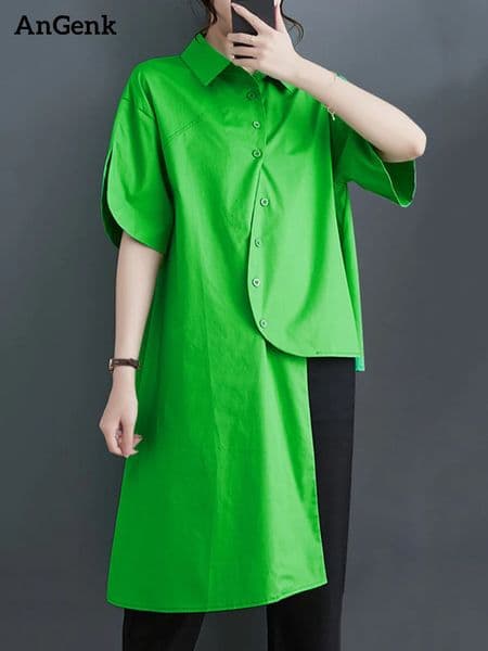 2026 Summer Green Vintage Irregular Shirt Women Single Breasted Lapel Short Sleeve Loose Casual Blouse Top Fashion Clothing 260513