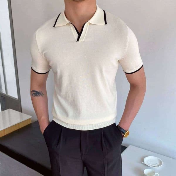 Men's Elbow-Sleeved T-shirt Fashion Collar Slim-Fit Men Clothing Woolen Sports Polo Tee Man Golf Shirt EUR J260513