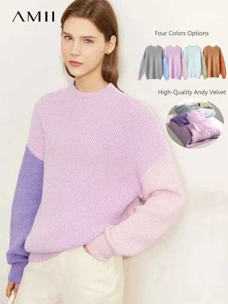 AMII Minimalism Sweaters Women 2024 Spring Street wear Spliced Knitted Top Drop Sleeve Loose Full Pullovers Sweaters 12344144 L260512