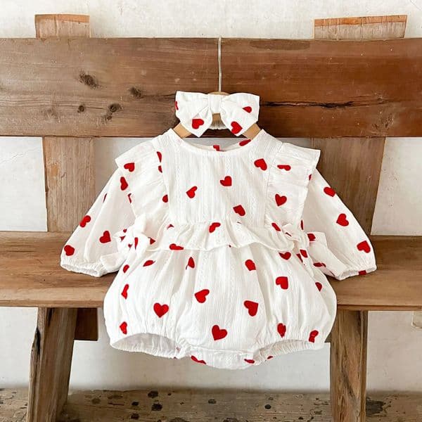 born Girl Romper 0-3Y Girl Spring Bodysuit Soft Cotton Long Sleeve Heart Print OnesieHeadband Cute Infant Baby Clothing 260512