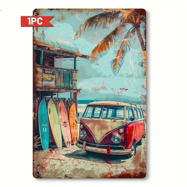 , Vintage Surf Van Metal Sign Wall Art - Retro Beach Decor with Trees & Surfboards, Rustic Iron Hanging Plaque for Home, 26L0513
