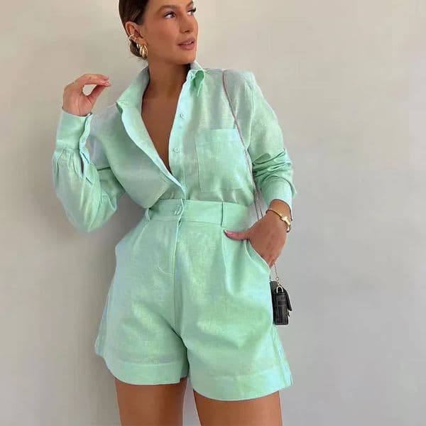 2026 Womens Long Sleeve 2Piece Set Casual Button Detail Shorts Outfit Shirt Top Summer Fashion Female Suit Y2k Clothing 260513