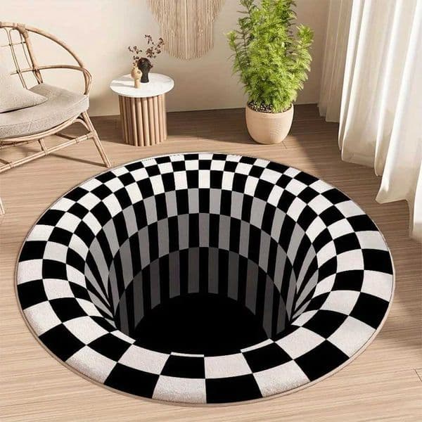 3D Black and White Checkered Pattern Round Rug Non-slip Floor Mat for Living Room Bedroom Bathroom Holiday Home Decoration T260512