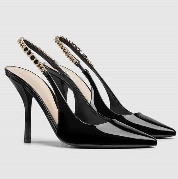 Summer Luxury Women Signoria Slingback Pumps Patent Leather-trimmed Gold Link Lady Brand Party Dress Wedding High Heels Lady Sandalias EU35-41