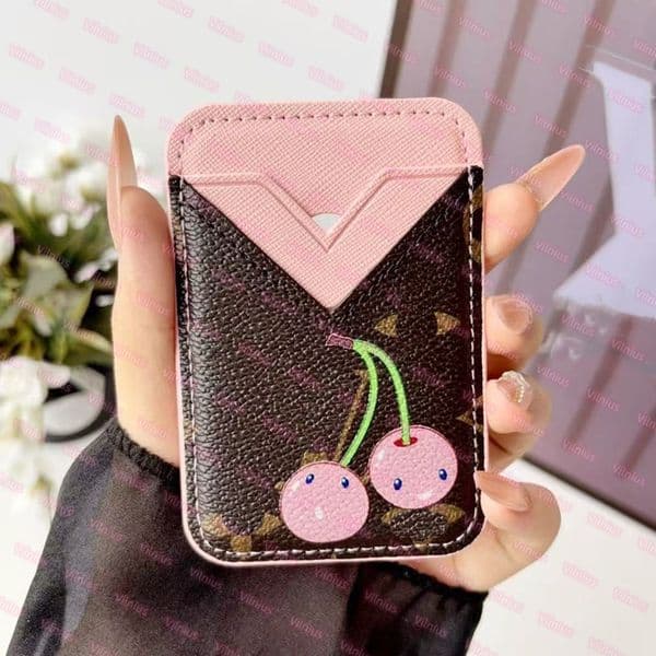 Cherry Designer MagSafe Magnetic Leather V-shaped slot to store two cards For iPhone 17 16 15 14 13 Pro Phone Case All Fitted Women Men Universal Cover for ID Bank Wallet