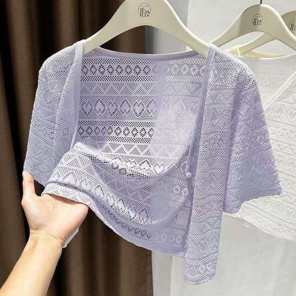 Summer Thin Lace Short-Sleeved Hollow Sunscreen Cardigan Paired With Skirt, Cool Cover-Up Beach Shawl For Women To Wear Over A Cheongsam