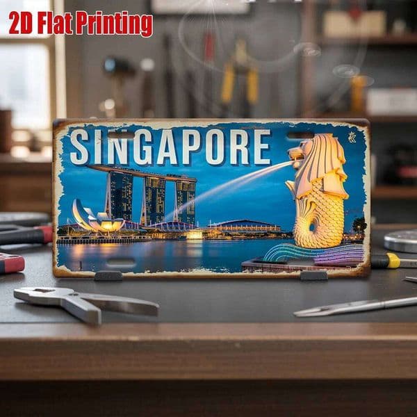 Printing, Singapore Marina Bay and Merlion Scene Metal License Plate, Decorative Signs & Plaques , Vintage Aluminum Sign, P 26Y0513