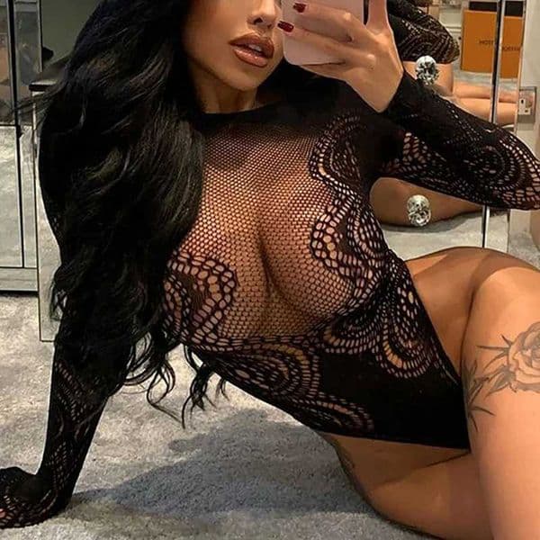 Porno Crotchless Bodysuits For Women Hot Erotic Costumes Mesh Sheer Teddy Bodysuits High Waist Elastic Long Sleeve Sexy BodysuitL260422