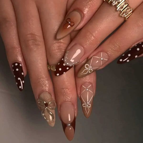 24pcs French Almond Press on Nails Sweet Golden Bow False Nails White Polka Dots Stick on Fake Nails for Women Wearable Manicure Z260511