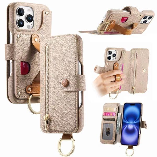 iPhone 17 Pro Max phone Case Flip Cover with Card Slot apple 16 Pro Handheld Wristband 14 Plus Litchi Grain 13 Fashion 11 Luxury 12 Women Protection Cover 15 Trendy Brand