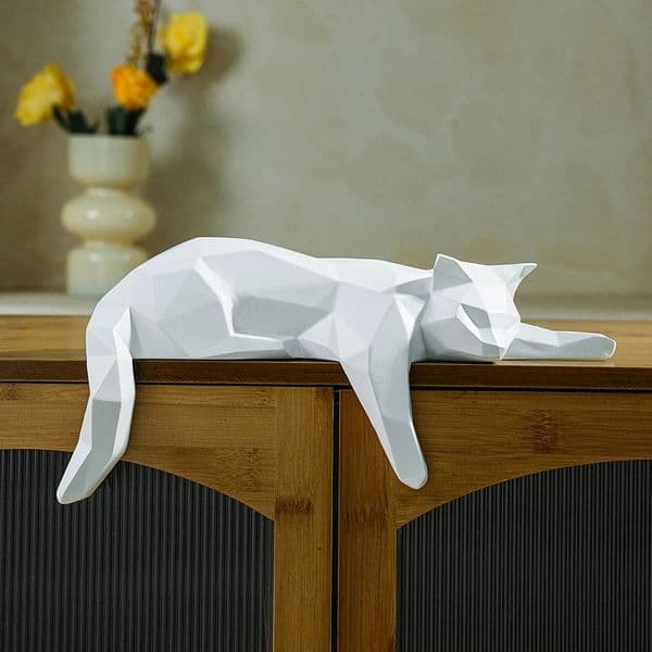 White Black Cat Statue - Geometric Modern Room Decor Figurine Sculpture for Home Office as Table Shelf Desk Decor Lying Cat 260513