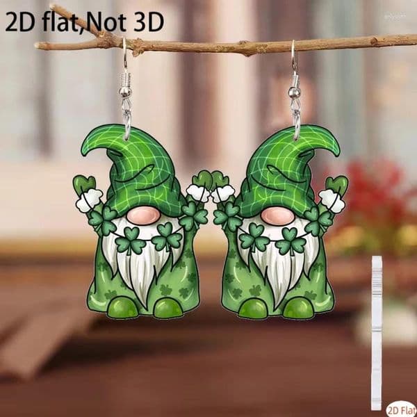 Dangle Earrings Green Gnome - 2D Flat Acrylic Ear Jewelry With Lucky Clover For St. Patrick's Day
