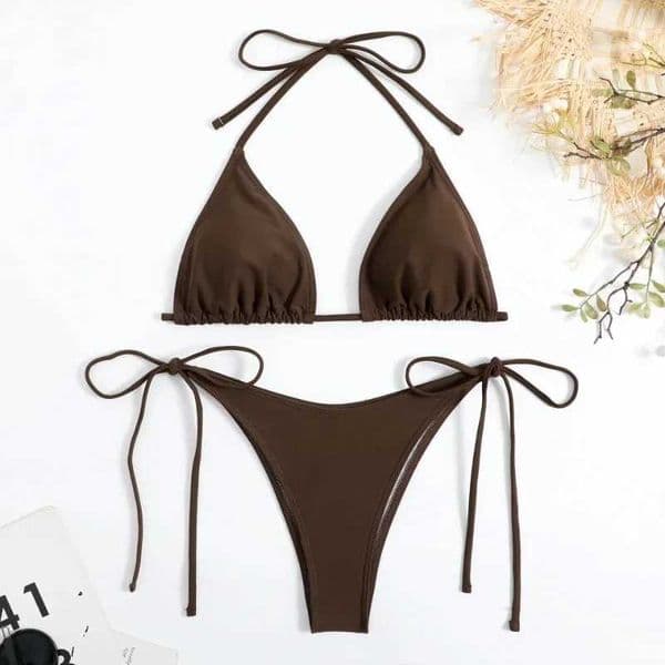Sexy Women Thong Solid Color Bikini Set Side Halter Tie Swimsuit Ladies Split Strap Adjustable Brazilian Swimwear Beachwear Z260514